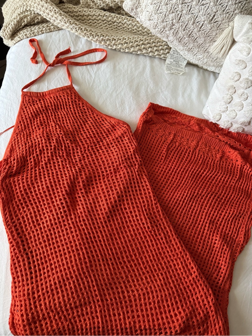 Red Crochet Knit Halter Dress and Skirt Set